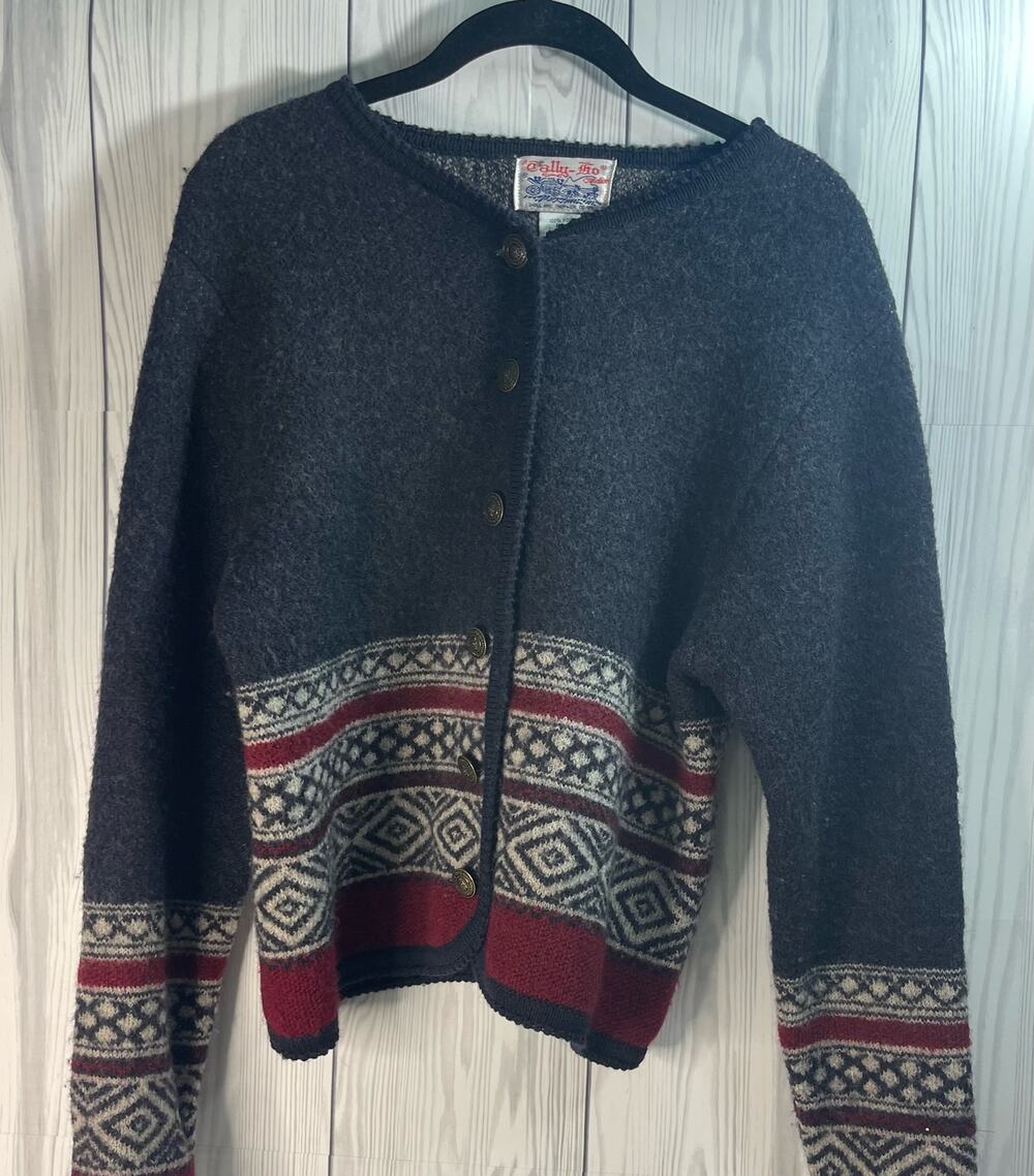 TALLY HO Vintage Womens Gray 100% Wool Patterned Knitted Cardigan- PSmall